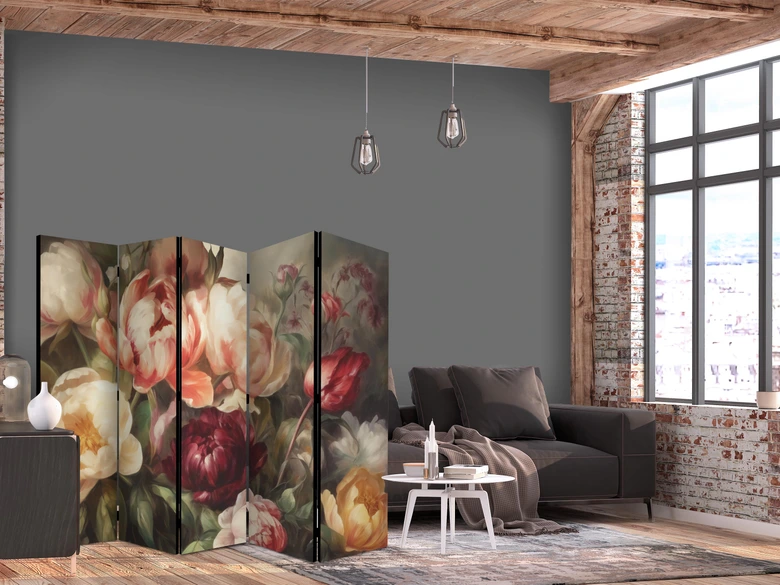 Paravent, Raumteiler freistehend, Trennwand - Blooming Peonies - Charismatic Flowers Bathed in Sunlight 