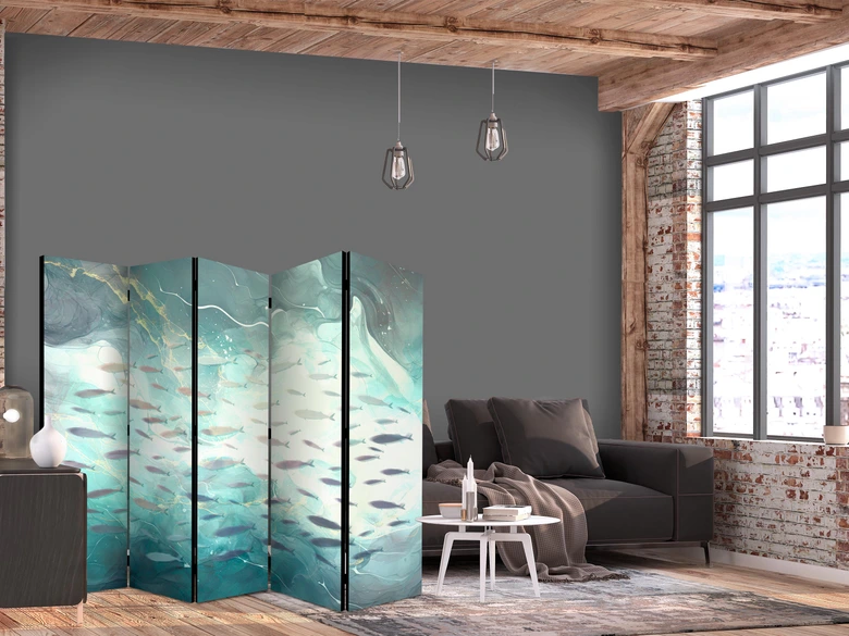Paravent, Raumteiler freistehend, Trennwand - Escaping Fish in Muted Colors Among Sea Depths 