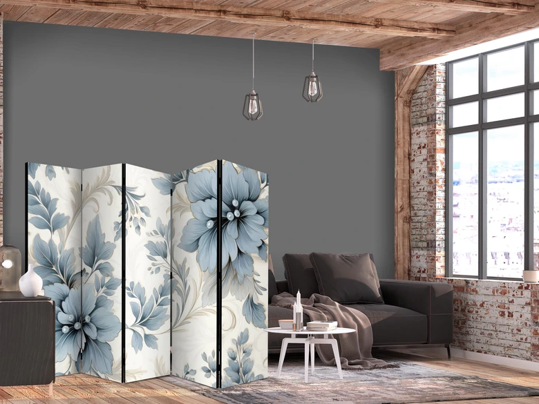 Paravent, Raumteiler freistehend, Trennwand - Turquoise Flowers in Retro Vibe; Floral Ornaments 