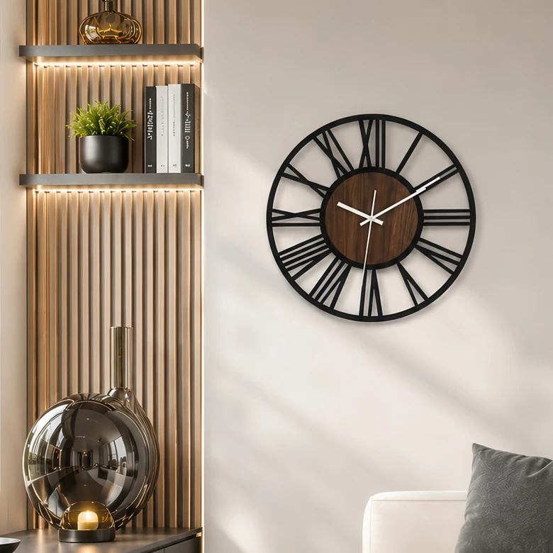 Design wandklok Hout & Staal met walnoot hout look en Romeinse cijfers Ø40 cm 