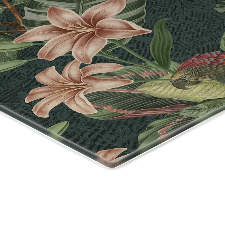 Kogeplade jungle med papegøjer natgrøn - Bloomery Decor 