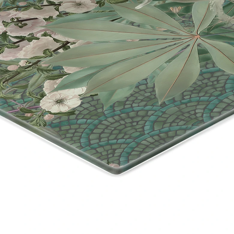 Herdabdeckplatte Pfau im Tropengarten auf Mosaik - Bloomery Decor 