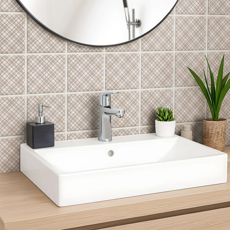 Tile stickers Checked pattern in taupe-white - set of 12 