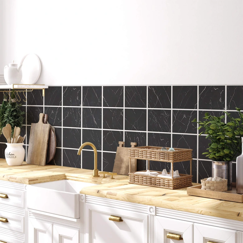 Tile stickers marble look, black and white - Furniture foil, kitchen splashback, bathroom foil 