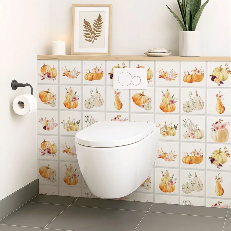 Fliesenaufkleber Watercolor - Kürbis mit Blumen - 12er Set 
