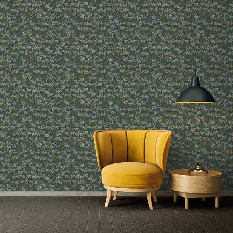 Florale Tapete mit Schmetterlingen Blau Gelb - Vliestapete Blüten und Tiere 
