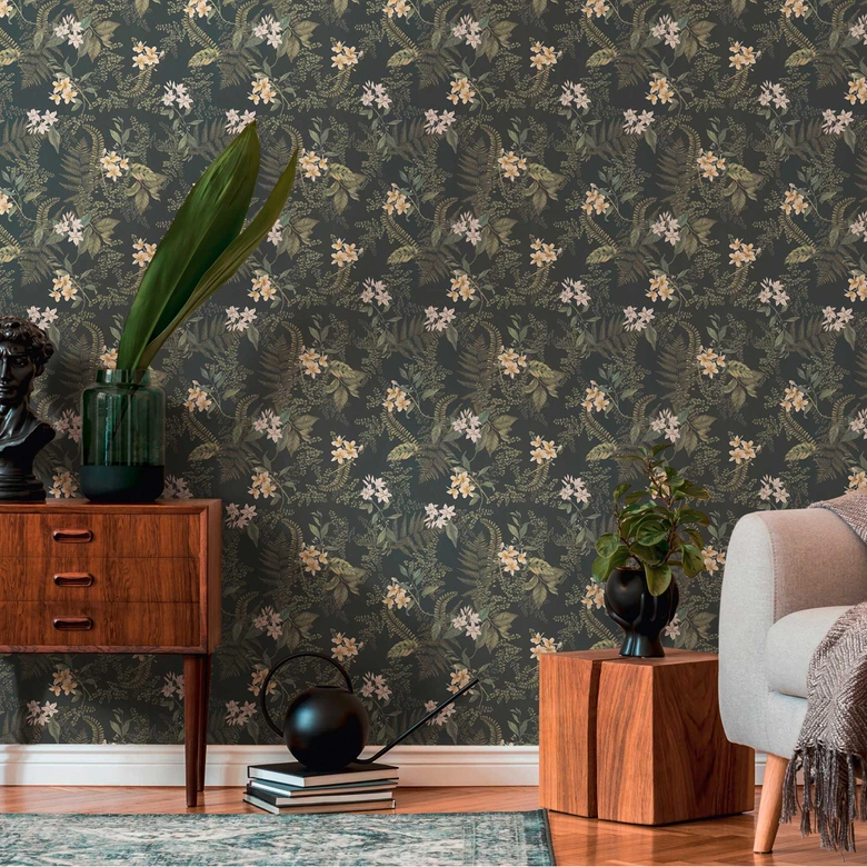 Pflanzen-Tapete mit Blüten Schwarz Grün - Vliestapete mit Blumen floral 