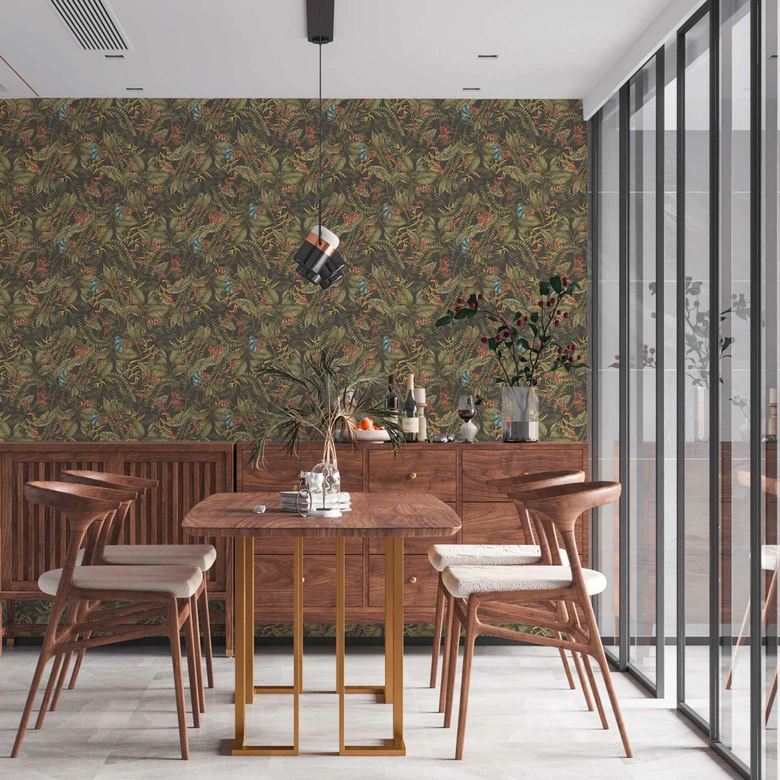 jungle motief behang groen - vliesbehang met rood blauwe bloesems 