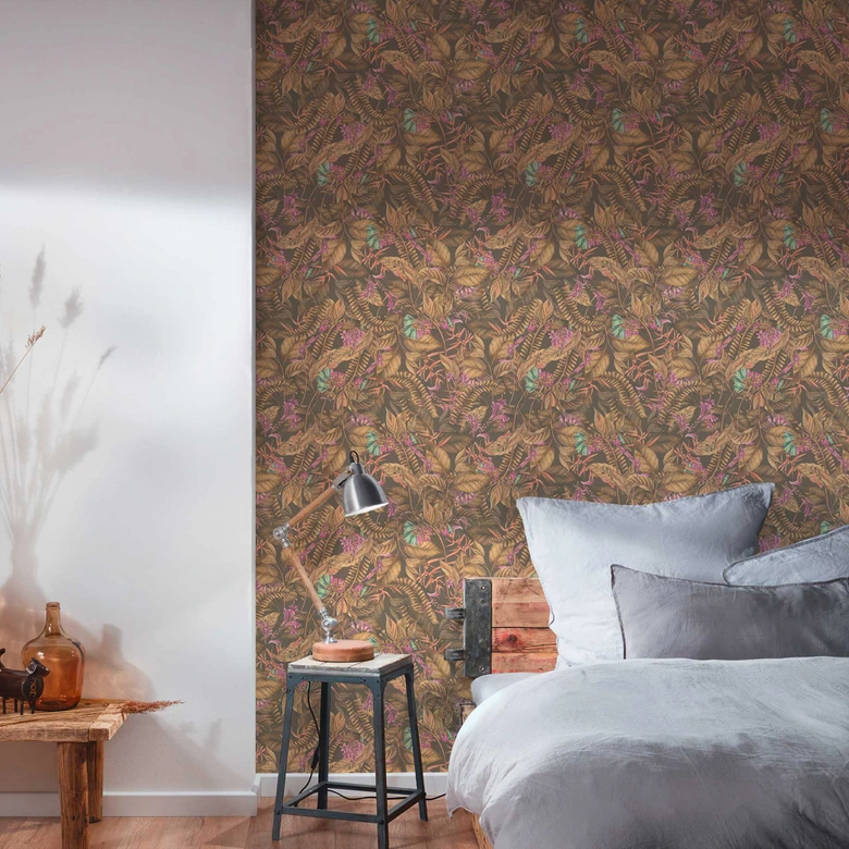 Tapet med djungelmotiv brun beige - non-woven tapet med blommor i blått lila 