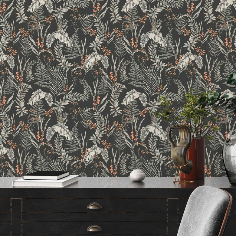 Dschungel-Mustertapete mit Gräsern Schwarz-Weiß - Tapete mit Blüten orange 