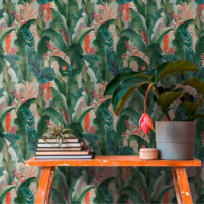 Tapete mit Palmenblättern Hellgrün Rot - Florale Vliestapete Dschungel-Motiv 
