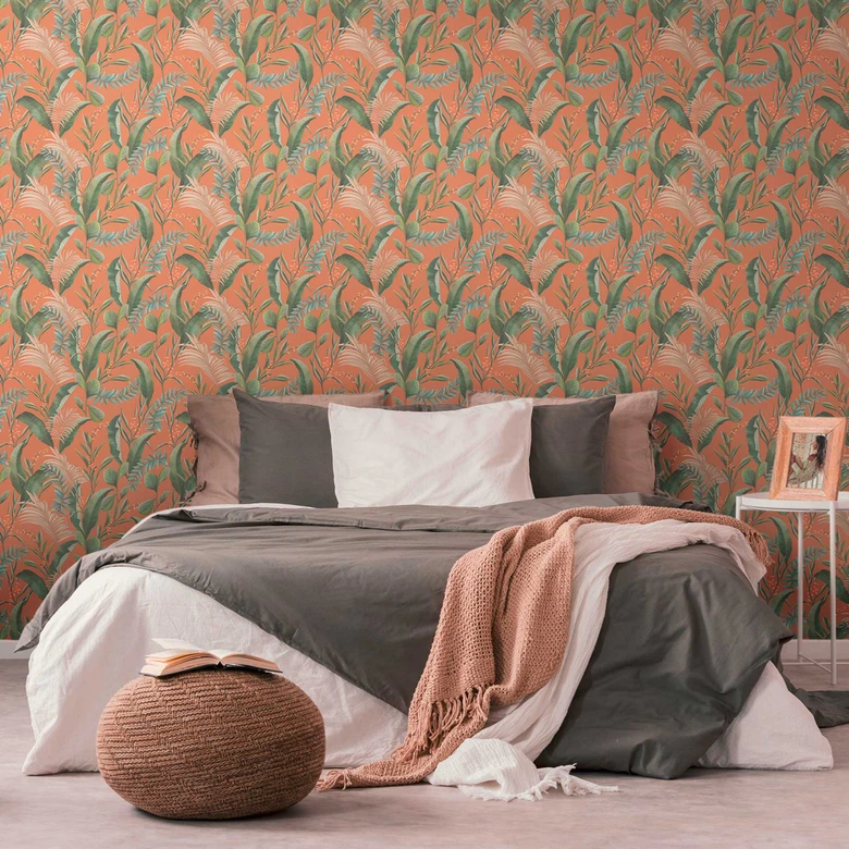 patroonbehang met bladeren en grassen oranje groen - jungle vliesbehang 