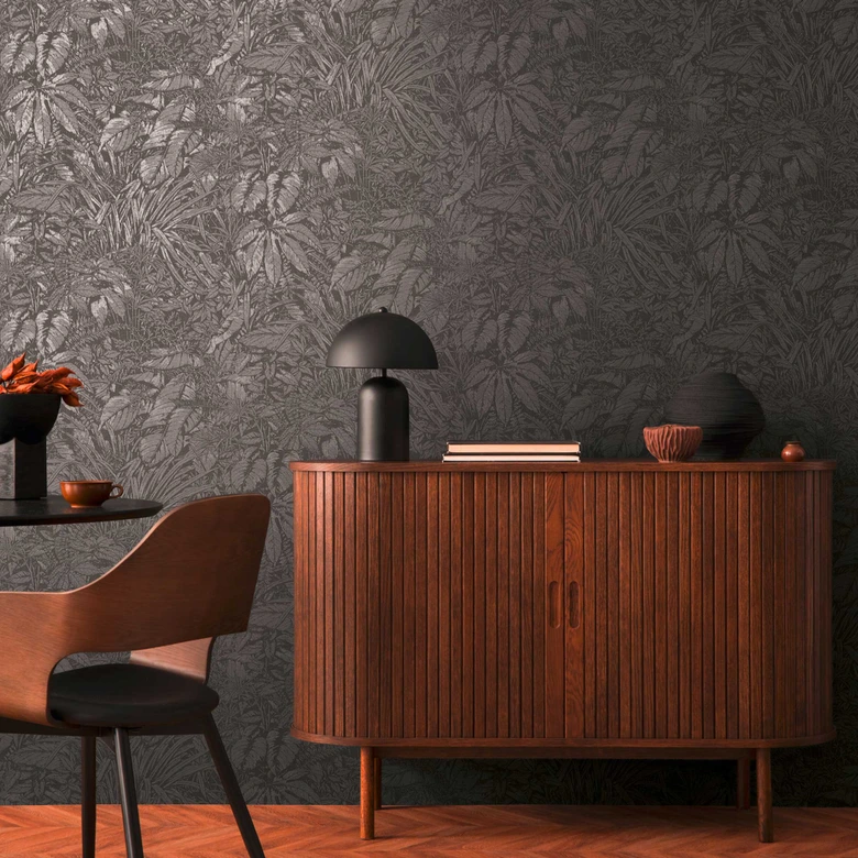 Monochrome Blatt-Tapete in Grau - Vliestapete mit botanischem Design 