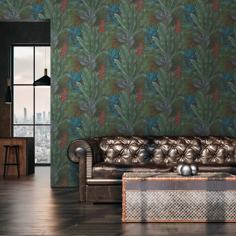 Papier peint botanique dans les tons de vert avec des plantes - papier peint intissé 