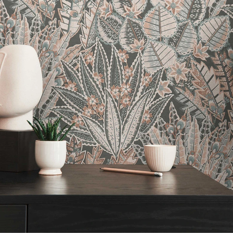 Designer vliesbehang met botanische print in grijstinten - elegant wandontwerp 