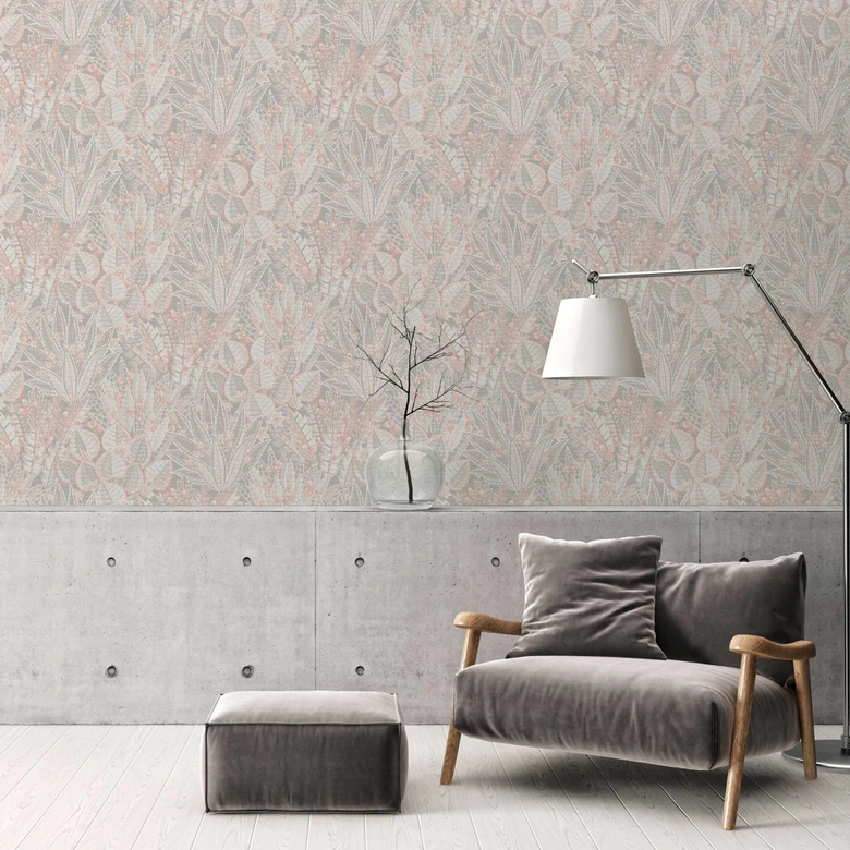 Naturinspirierte Vliestapete in Erdtönen - Botanisches Muster in Creme Beige Grau 