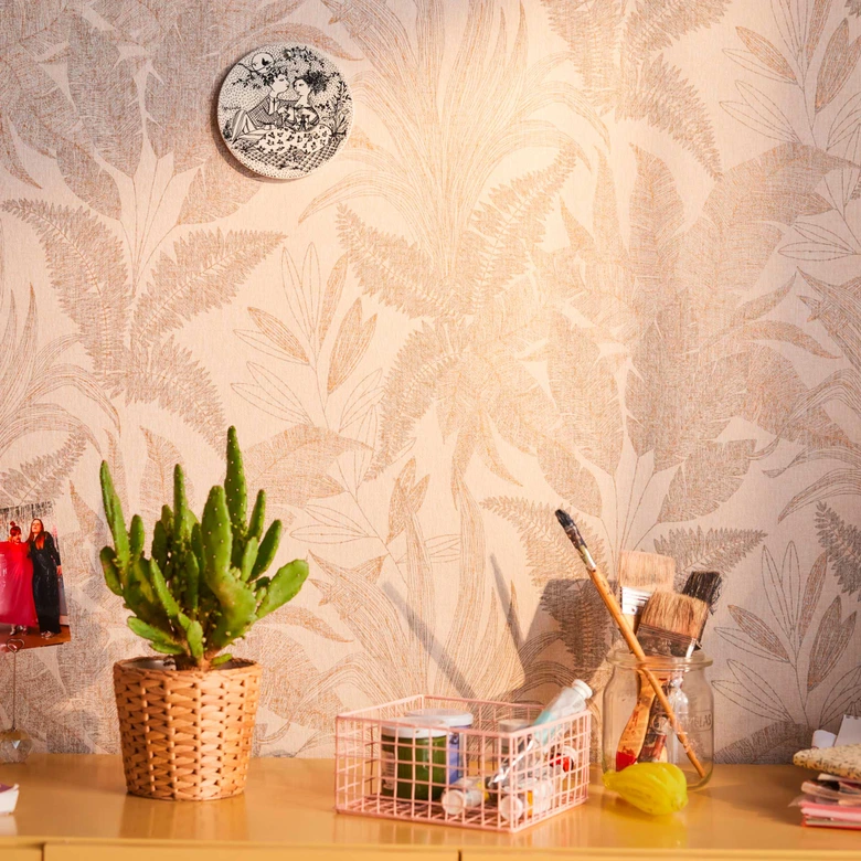 Papier peint design en molleton avec de fines feuilles en beige-crème - papier peint élégant 