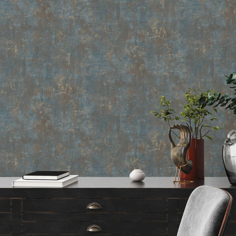 Luxueus vliesbehang met bladgoudeffect op een blauwe achtergrond - elegant wandontwerp 