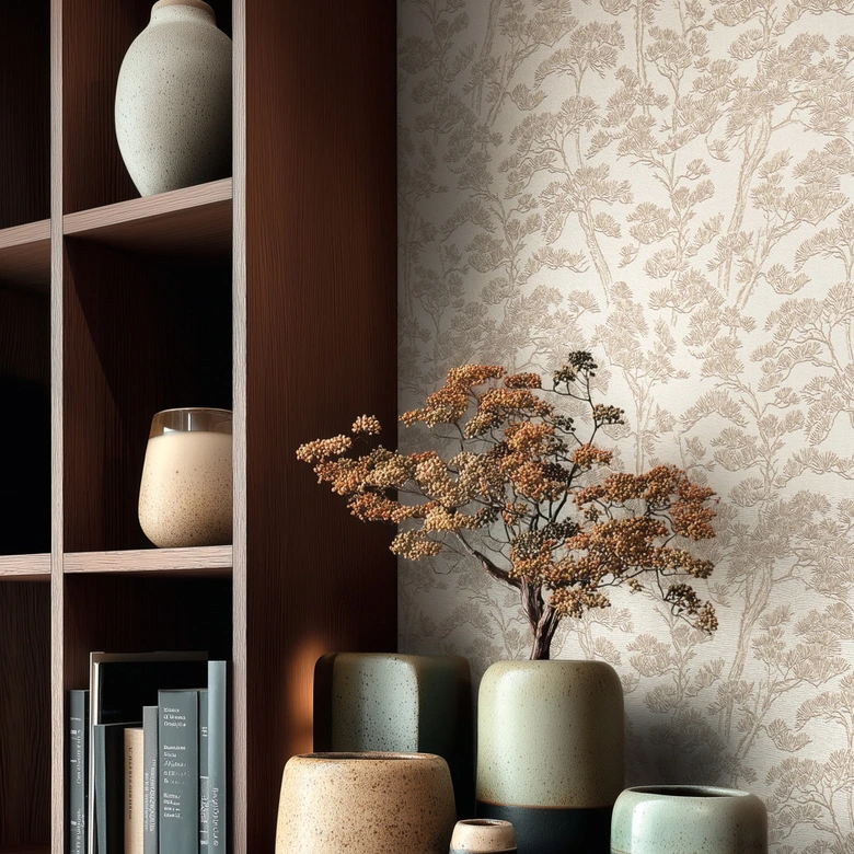 Papel pintado no tejido Lin Zen Branches beige blanco con ramas asiatico - arboles marrones papel pintado bosque ramas 