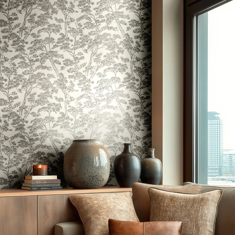 Vliestapete Lin Zen Branches weiß schwarz grau asiatisch - Bäume Waldtapete Äste Wohnzimmer 