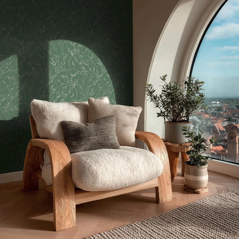 Non-woven wallpaper Fee Wild Free green gray metallic - grasses wildflowers living room bedroom 