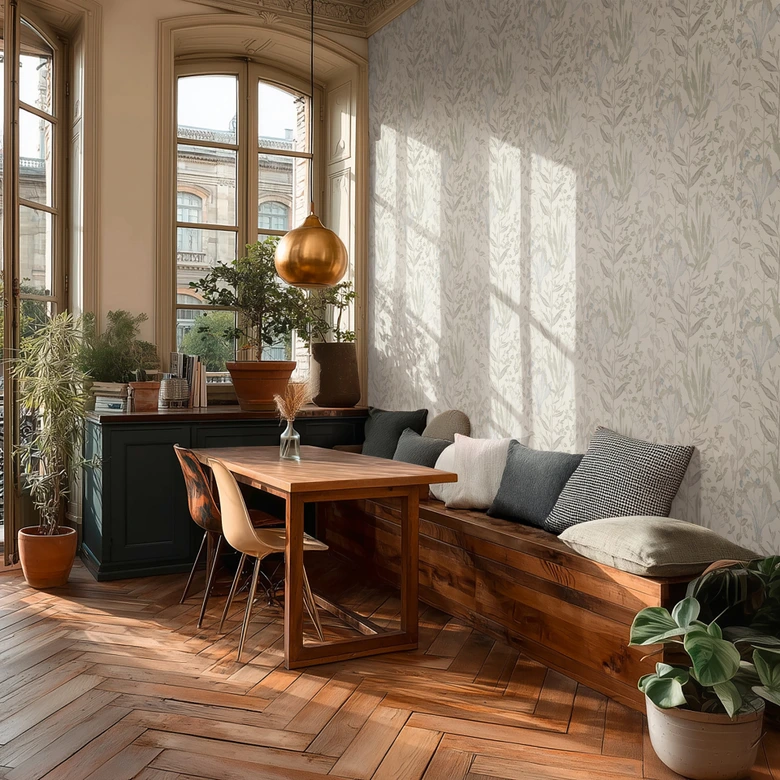 Vliestapete Elodie Maison Botanique creme grün blau - grau Blätter Gräser Kräuter Wohnzimmer 