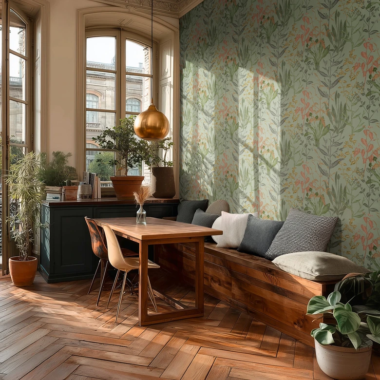Icke-vävd tapet Elodie Maison Botanique grön rosa beige - grå löv gräs örter vardagsrum 