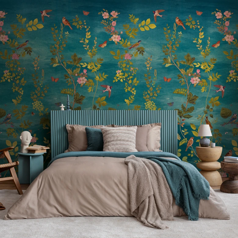 Vlies Fototapete Blätterranken Vögel Blau Grün Rosa matt erweiterbar 1,59 x 2,80 m Wandbild 