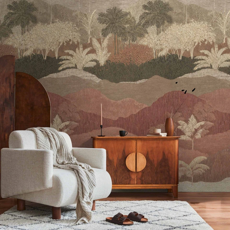 Fotobehang vlies landschap met bomen bruin crème rood mat uitrekbaar 1,59 x 2,80 m behang 