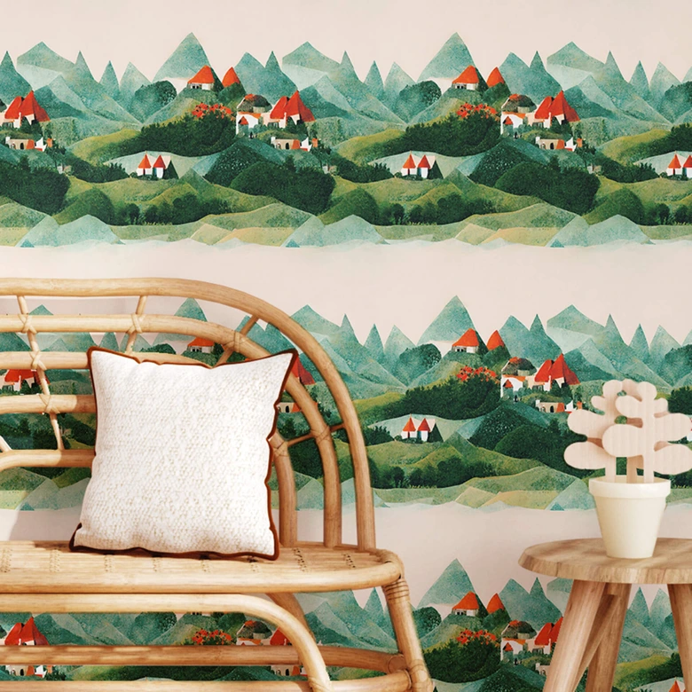 Papier peint à motifs Treechild - Petit village au milieu de collines verdoyantes 