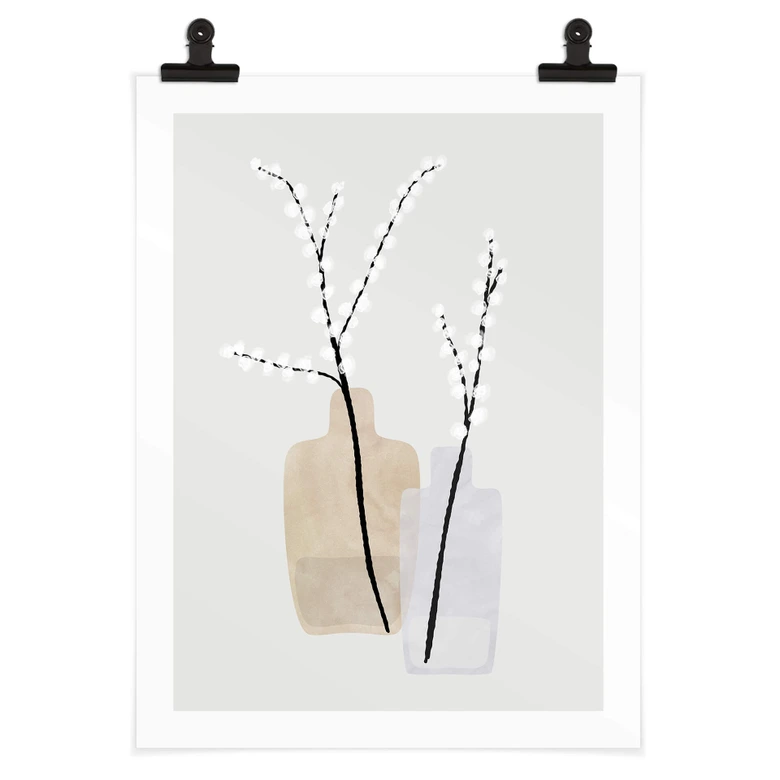 Poster Blursbyai - Zwei Vasen mit Weidenzweigen in Pastelltönen 