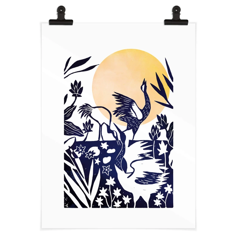 Poster Goed Blauw - Linolschnitt Kranich 