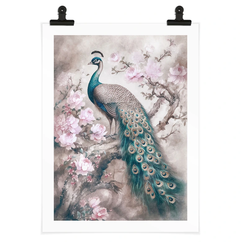 Poster Paon avec des fleurs - Haase 