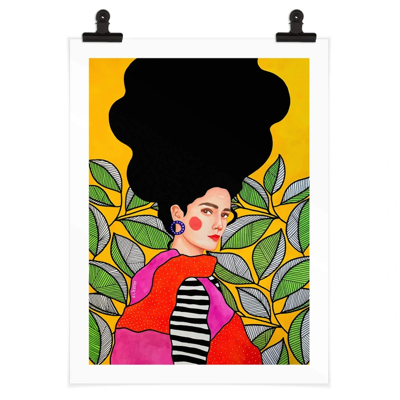 Poster Frau mit grün-weißen Blättern - Hülya 