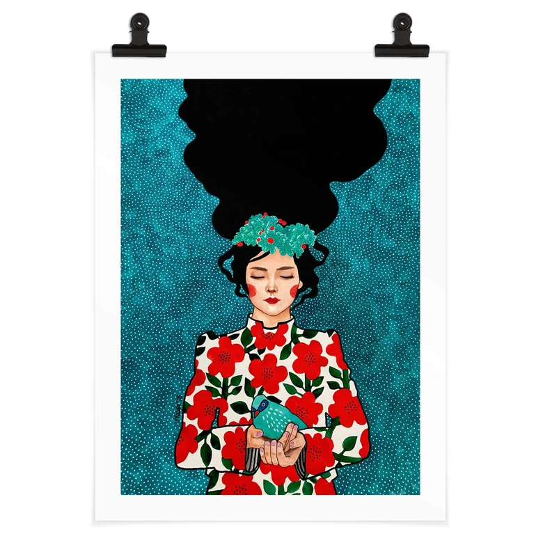 Póster mujer con pajarito en las manos - Hülya 