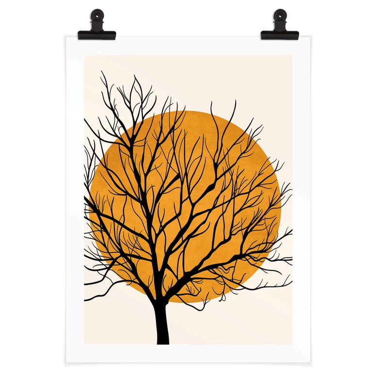 Poster Kubistika - Goldene Sonne hinter einem Baum 