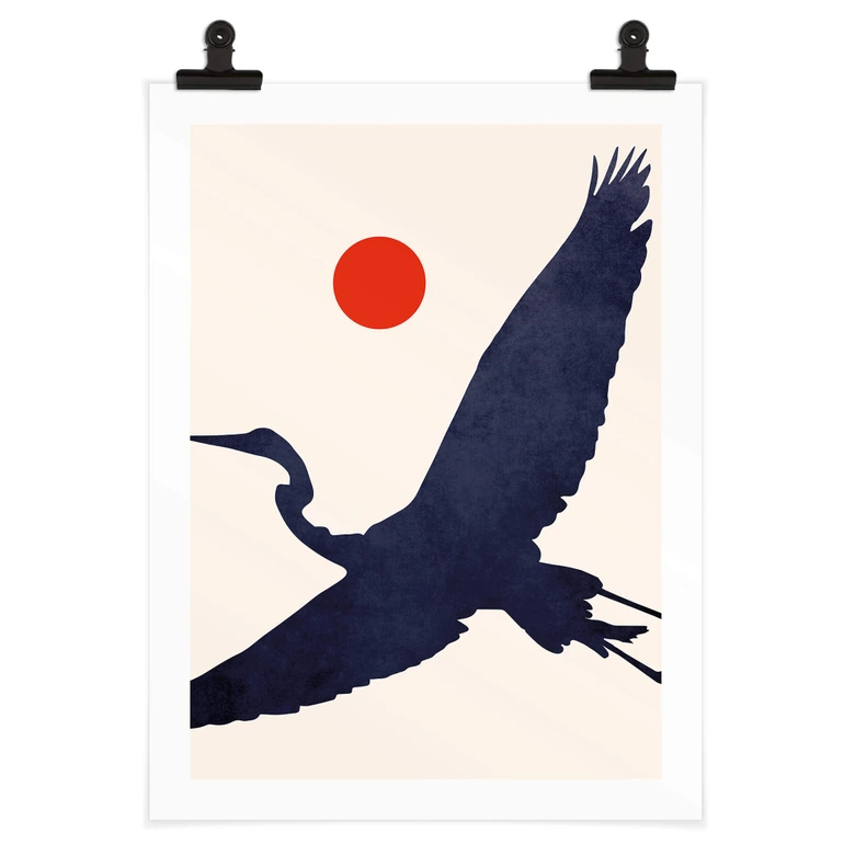 Poster Kubistika - Kranich mit roter Sonne 