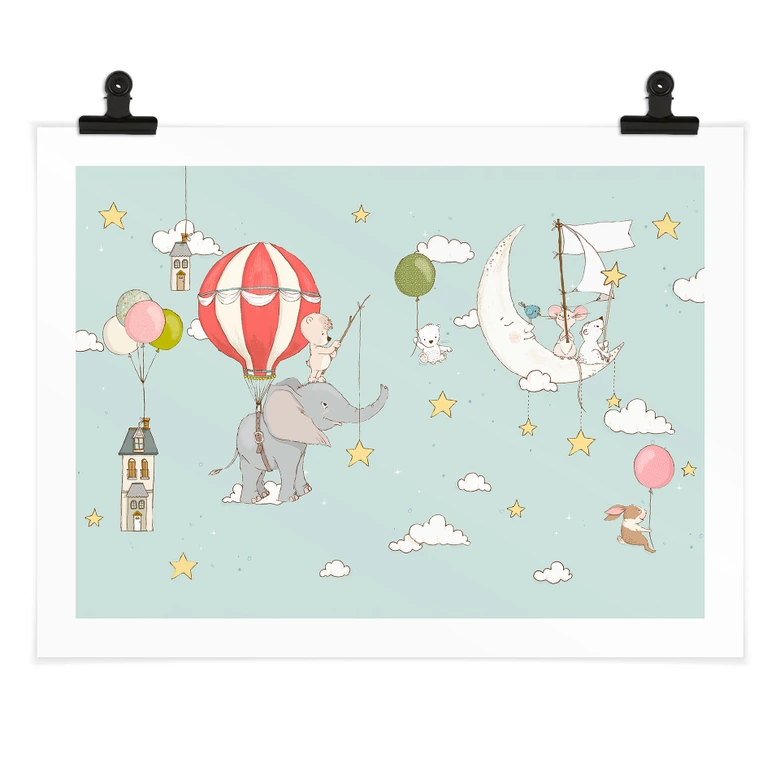 Poster Fliegende Tiere mit Heißluftballon - Skellern 