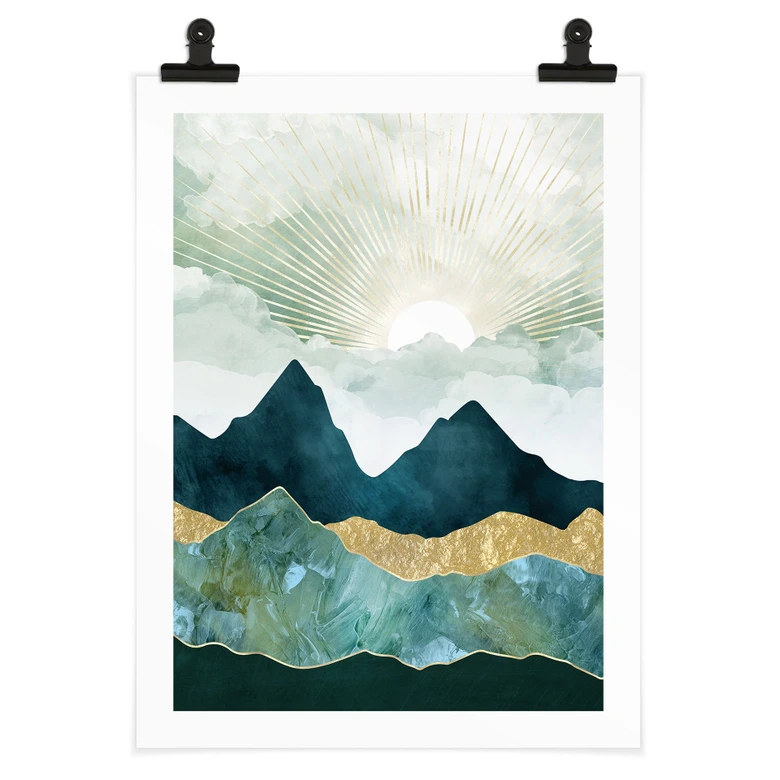 Poster Sonnige Landschaft in Blau und Gold - SpaceFrog Designs 