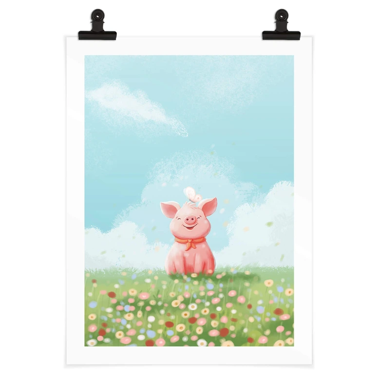 Poster Thaï - Petit cochon joyeux dans la prairie d'été 