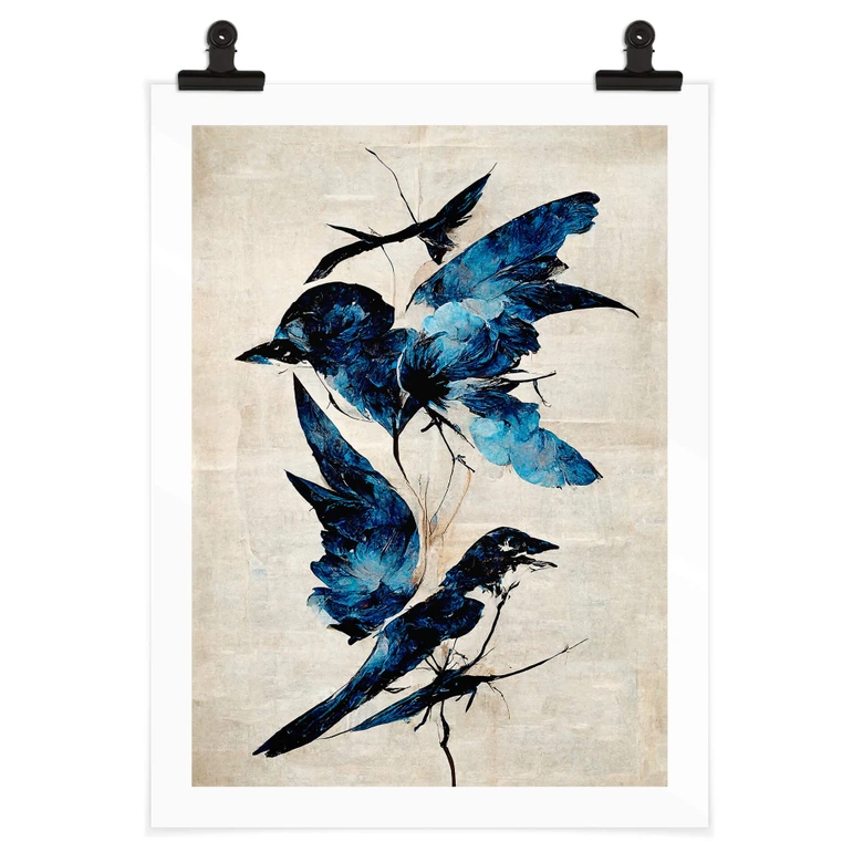 Poster Treechild - Himmelsvögel in schimmerndem Blau 