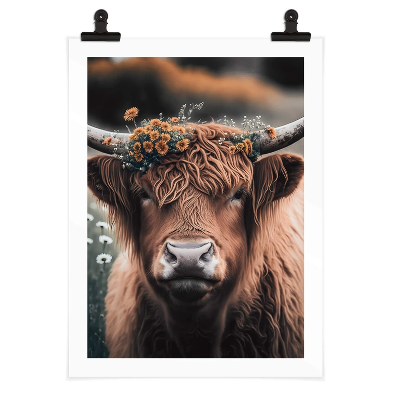 Poster Treechild - Hochlandkuh mit Blütenkranz 