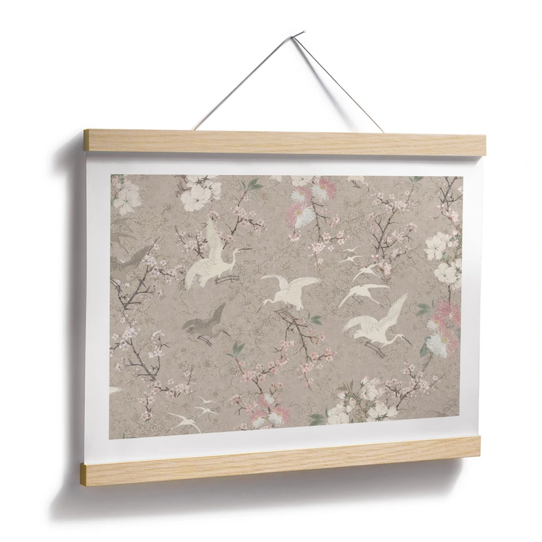 Vogelposter Kraniche im Kirschblüten-Rausch Beige - Bloomery Decor 