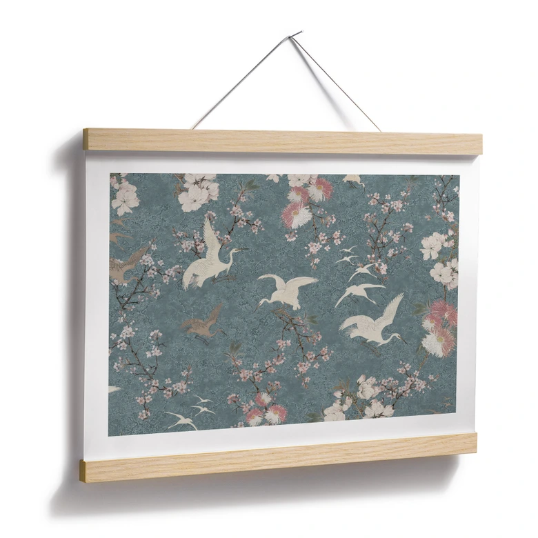Poster Kraniche im Kirschblüten-Rausch Blau - Bloomery Decor 