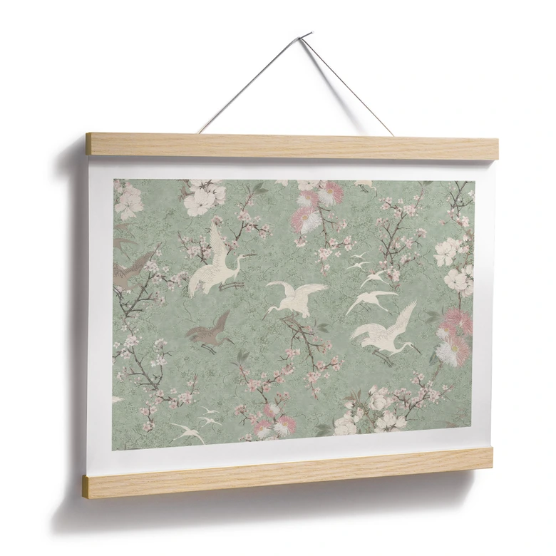 Poster Kraniche im Kirschblüten-Rausch Grün - Bloomery Decor 