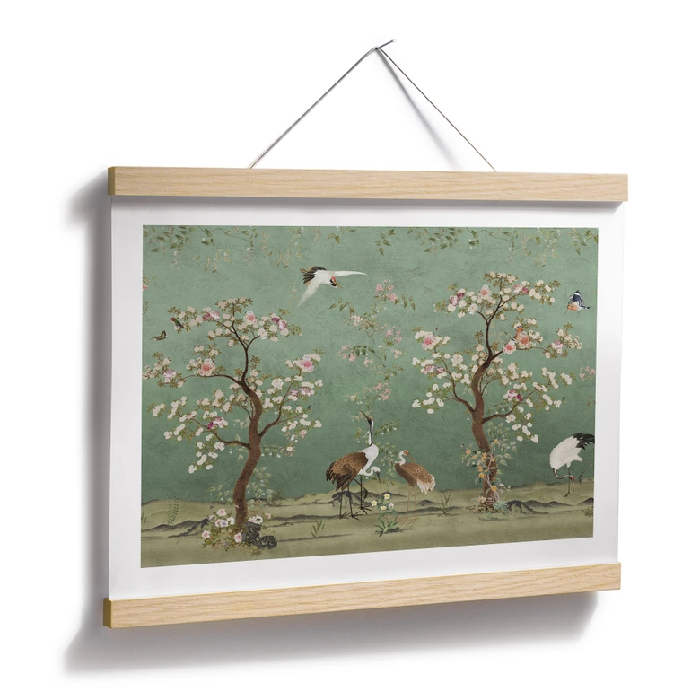 Poster Kraniche in floraler Landschaft - Bloomery Decor 
