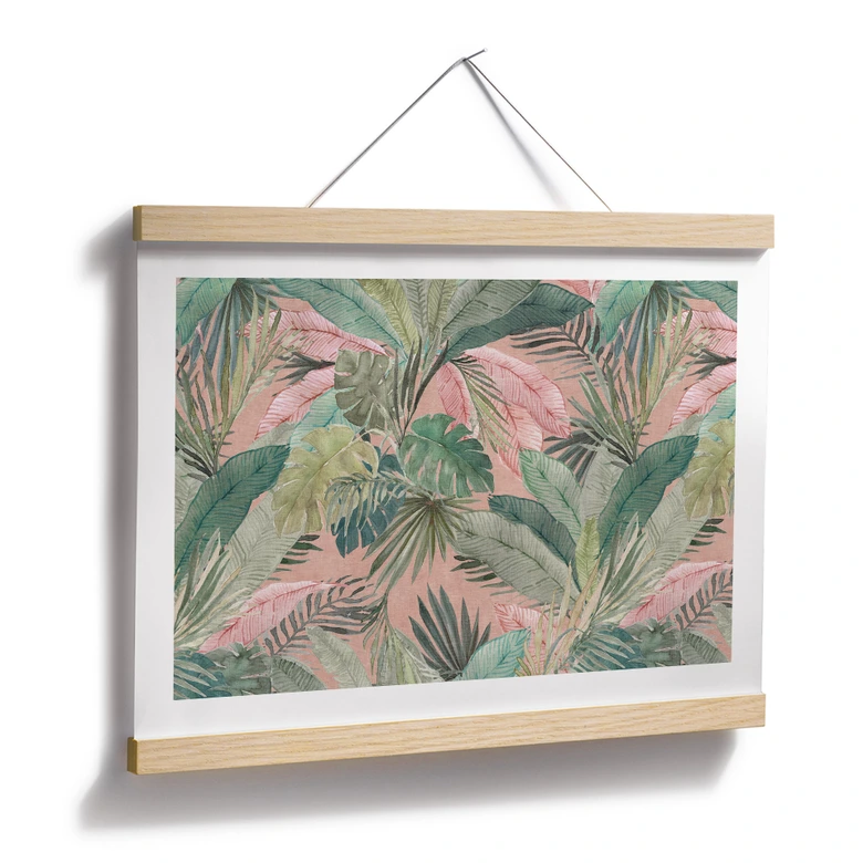 Plakat med tropiske blade i junglens lyserøde farve - Bloomery Decor 