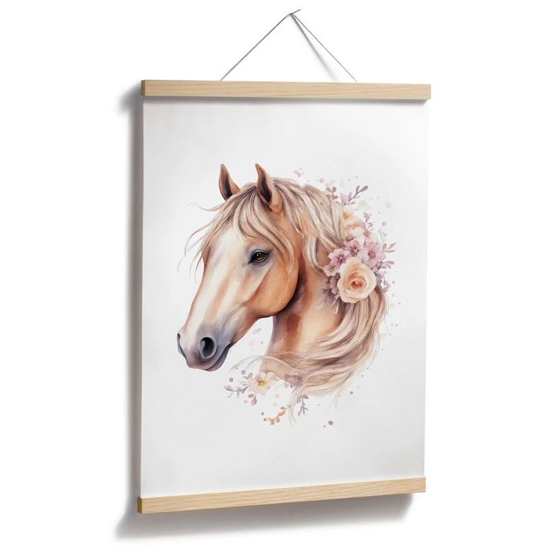 Poster Cheval Boho avec crinière de fleurs | Portrait de cheval pour la chambre d'enfant 