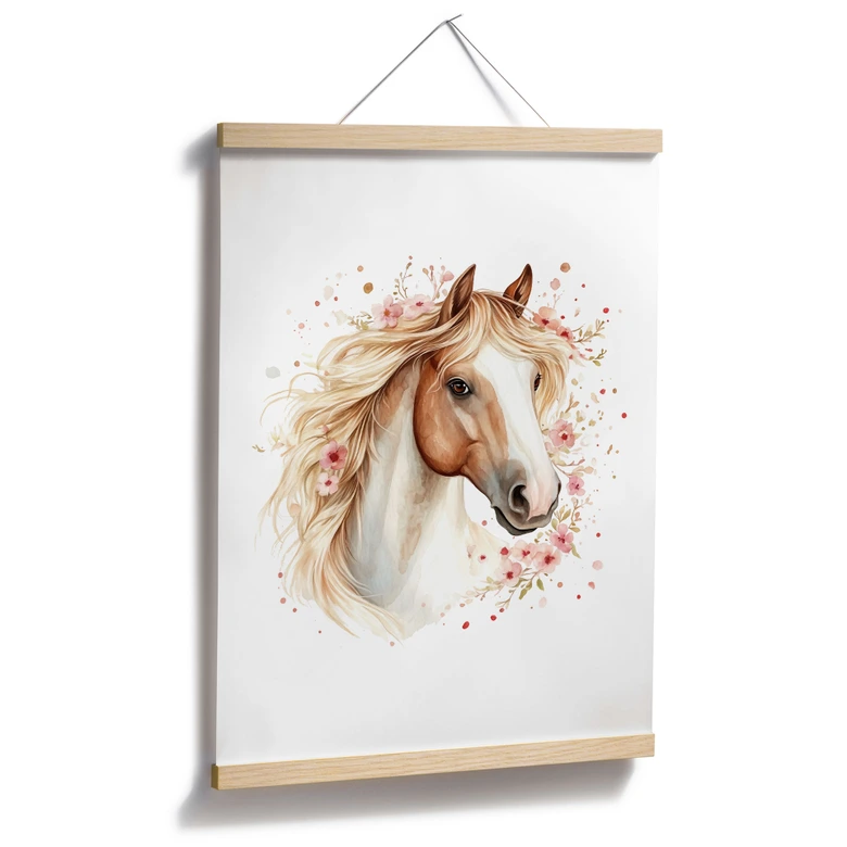 Poster Cheval Boho avec fleurs délicates | Motif cheval romantique pour chambre d'enfant 