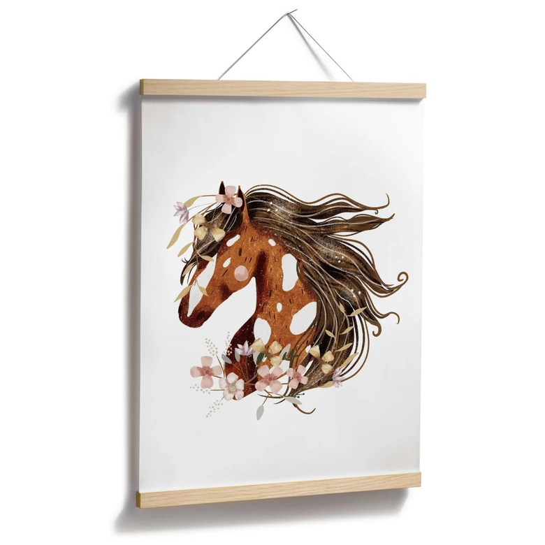 Boho paardenhoofd poster met bloemenkrans | paardenmotief voor de kinderkamer 